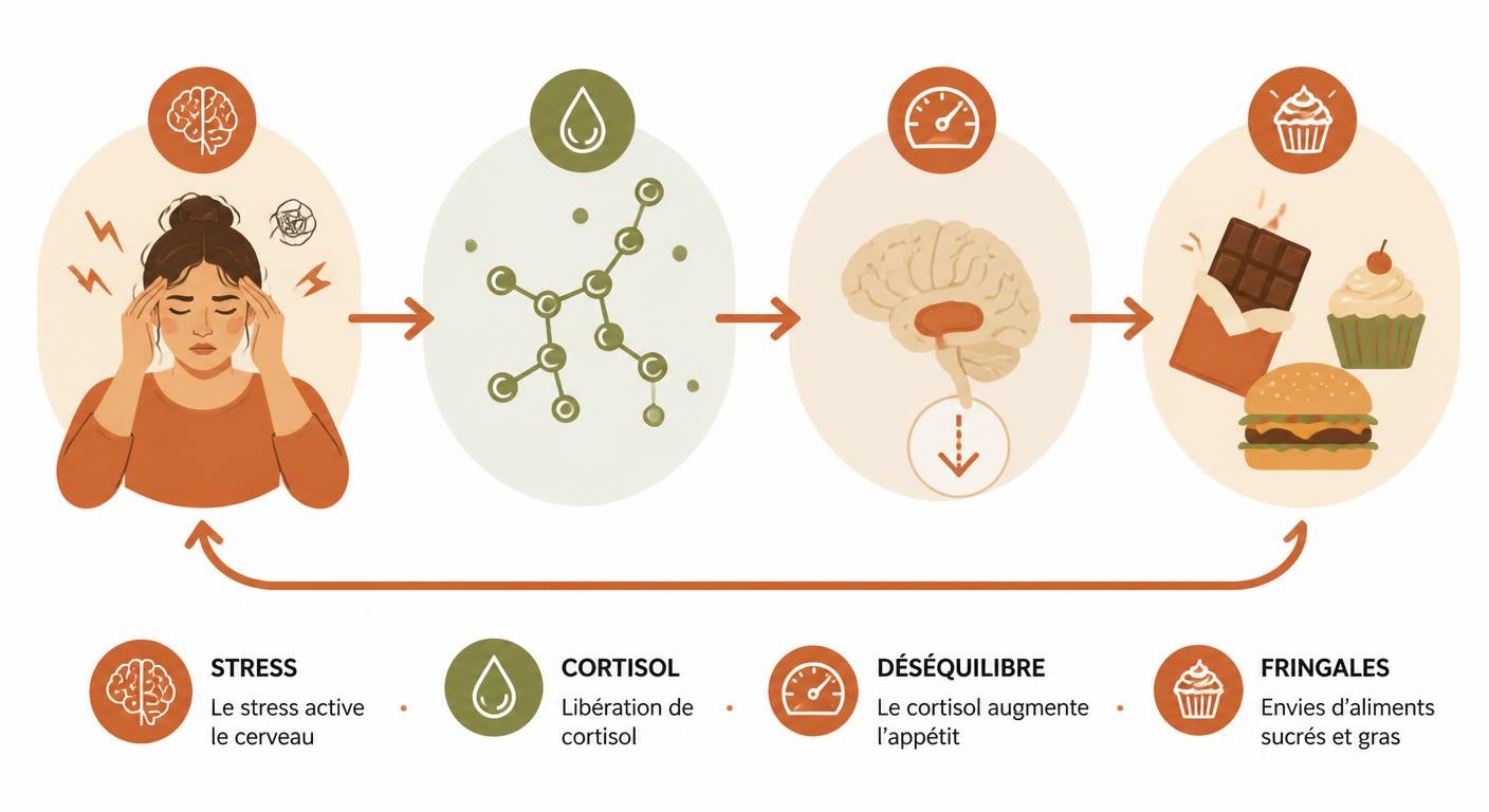 Infographie du lien entre stress, cortisol et envies alimentaires sucrées et grasses