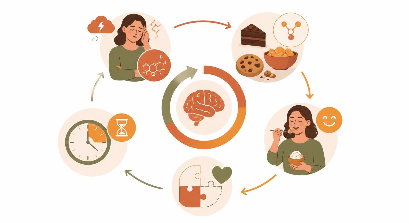 Infographie du circuit cerveau, cortisol et dopamine dans le grignotage émotionnel