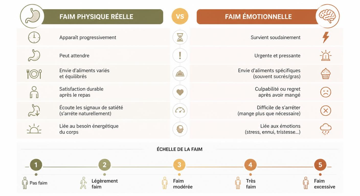 Infographie comparant faim réelle et faim émotionnelle avec échelle de la faim de 1 à 5