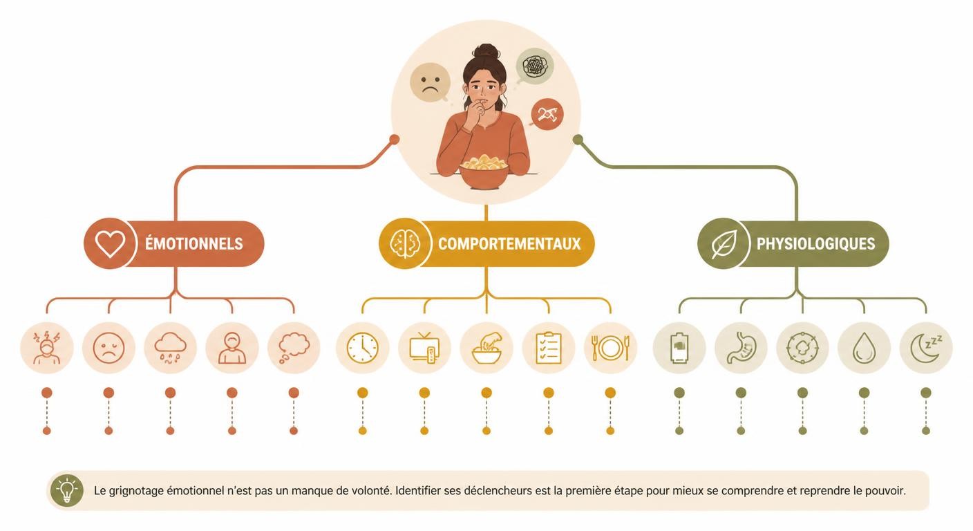 Infographie cartographiant les déclencheurs émotionnels, comportementaux et physiologiques du grignotage compulsif