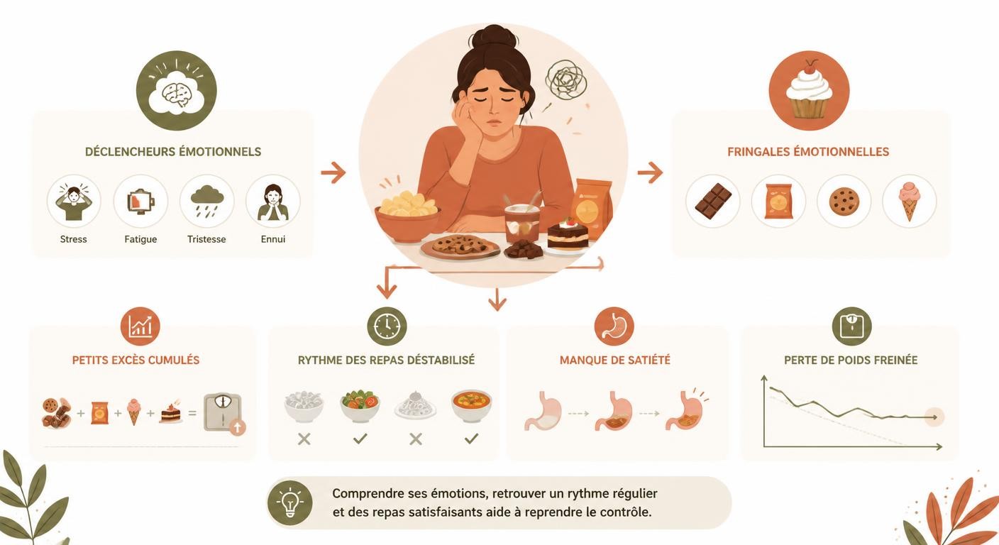 Infographie montrant comment les fringales émotionnelles freinent la perte de poids par accumulation de petits excès