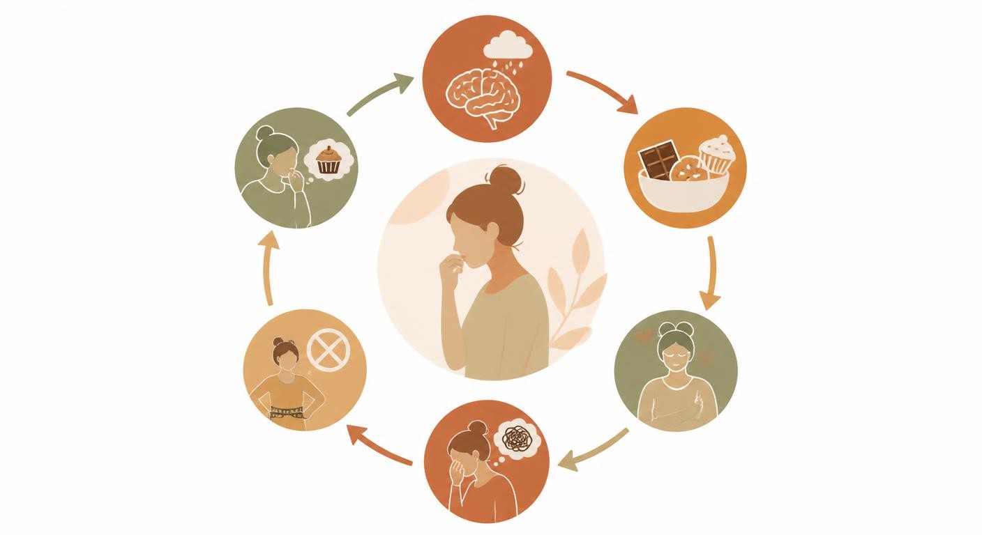 Infographie du cercle vicieux entre grignotage émotionnel, culpabilité et prise de poids