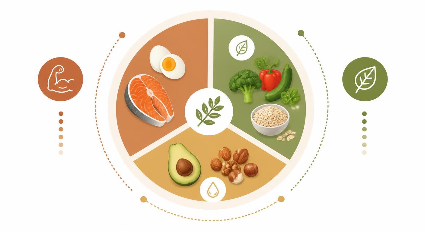 Infographie des trois piliers d'un repas rassasiant : protéines, fibres et bons gras