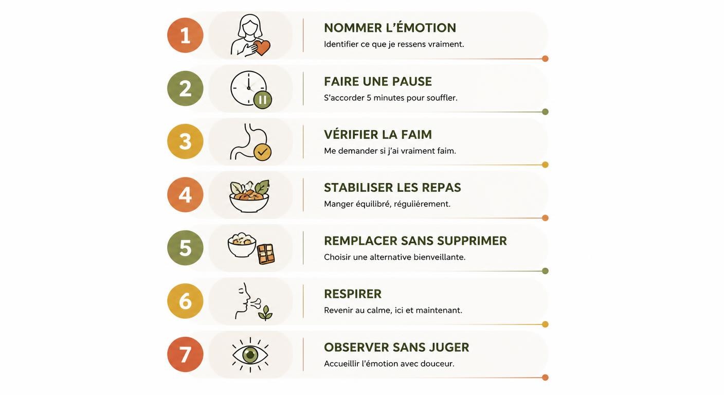 Infographie de la méthode en 7 étapes pour arrêter le grignotage émotionnel