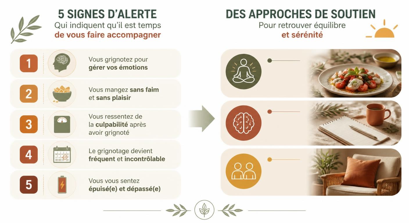 Infographie des cinq signaux d'alerte et des approches d'accompagnement du grignotage émotionnel