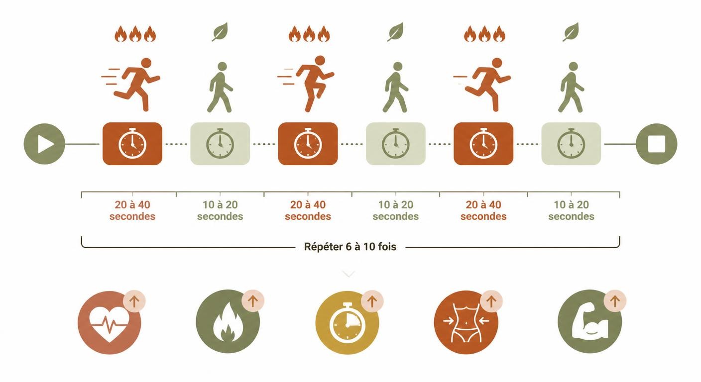 Schéma du principe du HIIT : alternance d'efforts intenses et de récupérations courtes