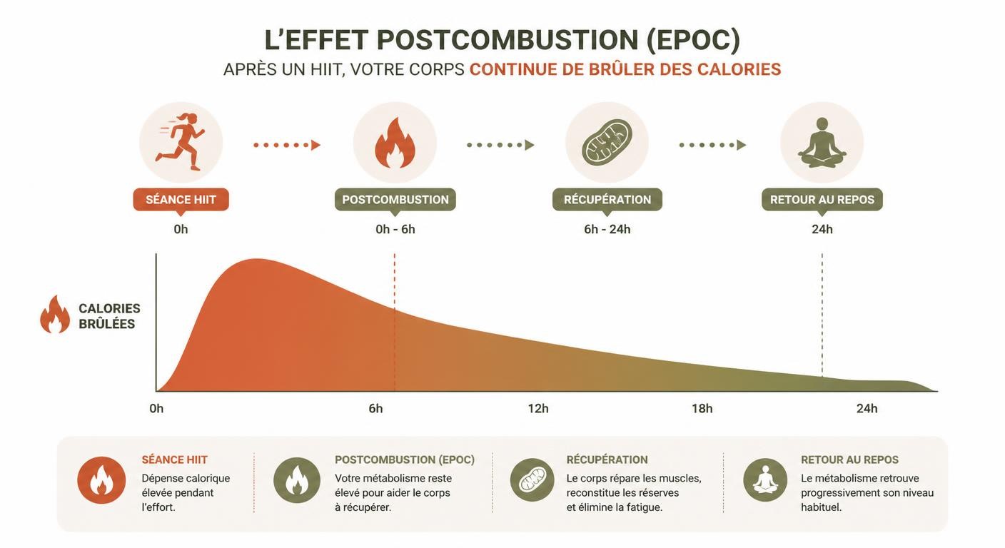 Infographie de l'effet de postcombustion du HIIT sur les calories brûlées après l'effort