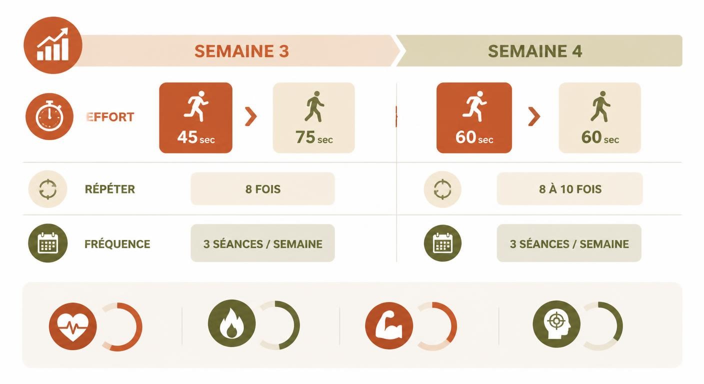 Montée en densité du HIIT en semaines 3 et 4 : efforts allongés et récupérations réduites