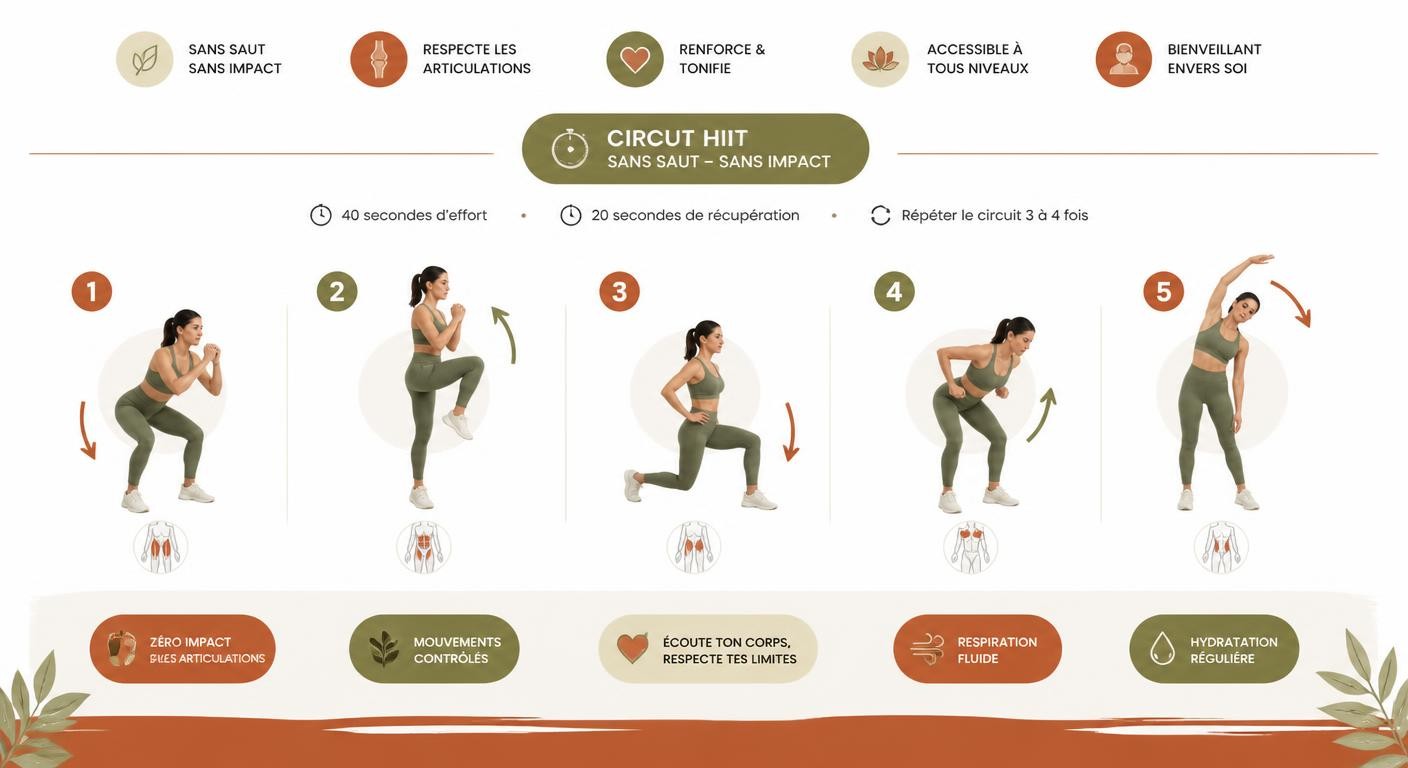 Séance HIIT sans saut ni impact adaptée aux débutants et articulations sensibles