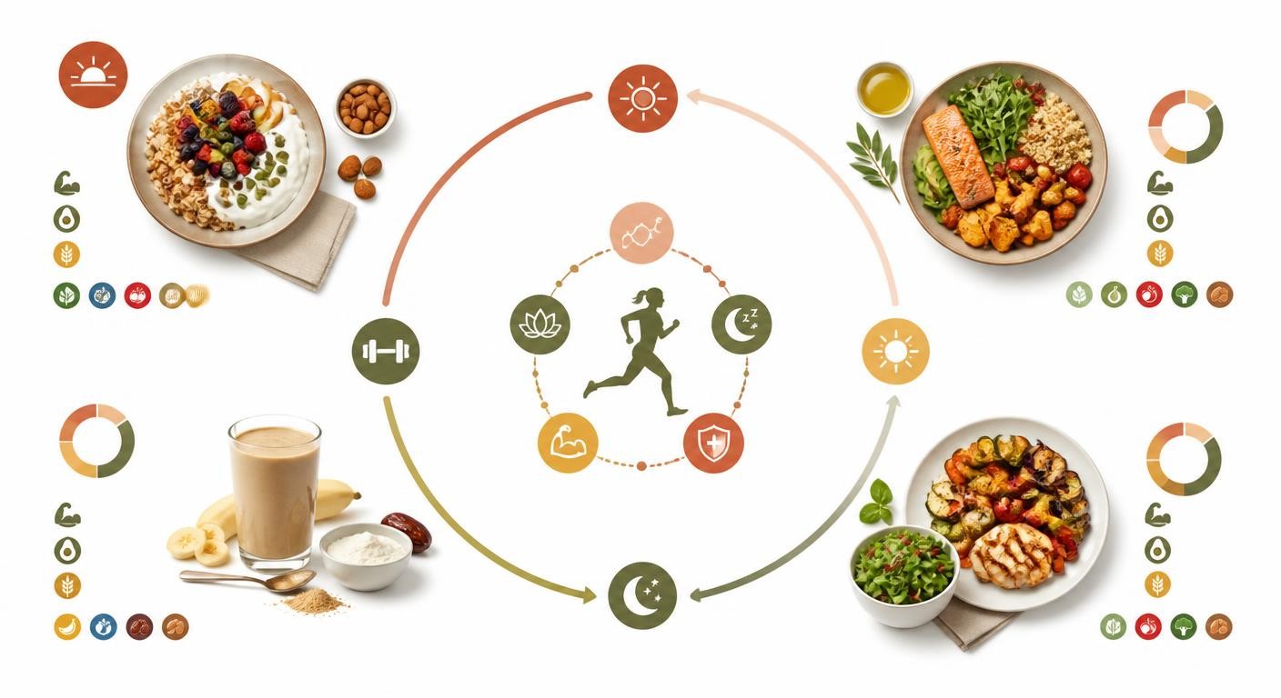 Infographie d'une journée type d'alimentation pour l'équilibre hormonal du sportif