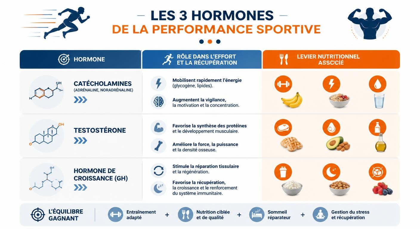 Infographie des trois hormones de la performance sportive et leurs leviers alimentaires