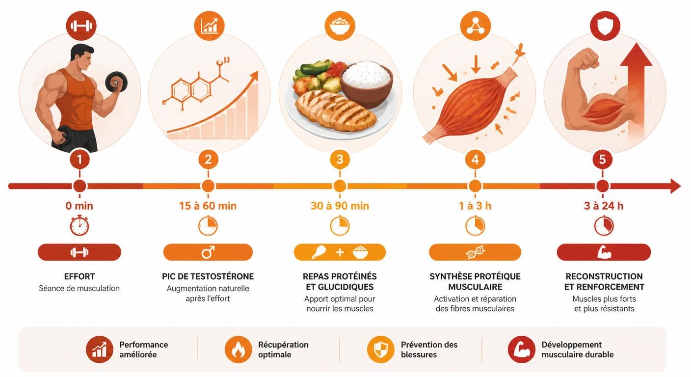 Infographie de la fenêtre anabolique et du rôle de la testostérone dans la reconstruction musculaire après l'entraînement