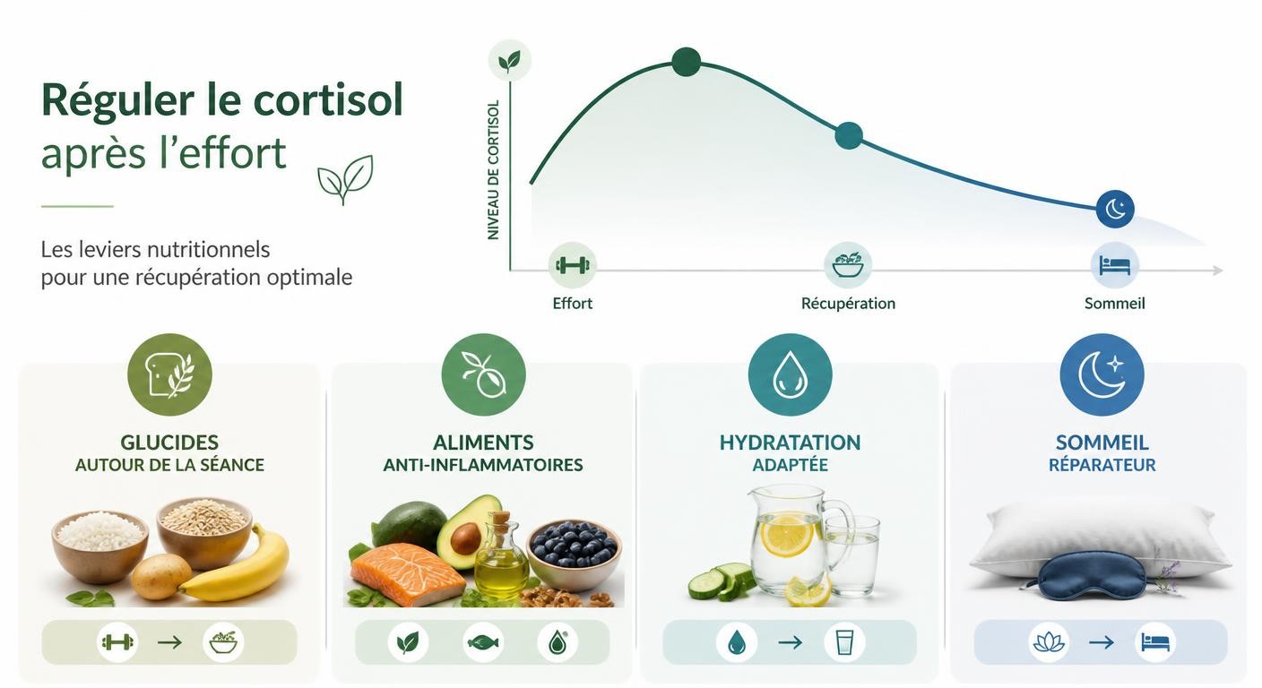 Infographie des leviers alimentaires pour réguler le cortisol et favoriser la récupération