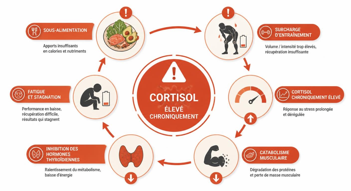 Infographie du cercle vicieux du cortisol chronique et de ses effets sur la performance et le métabolisme du sportif