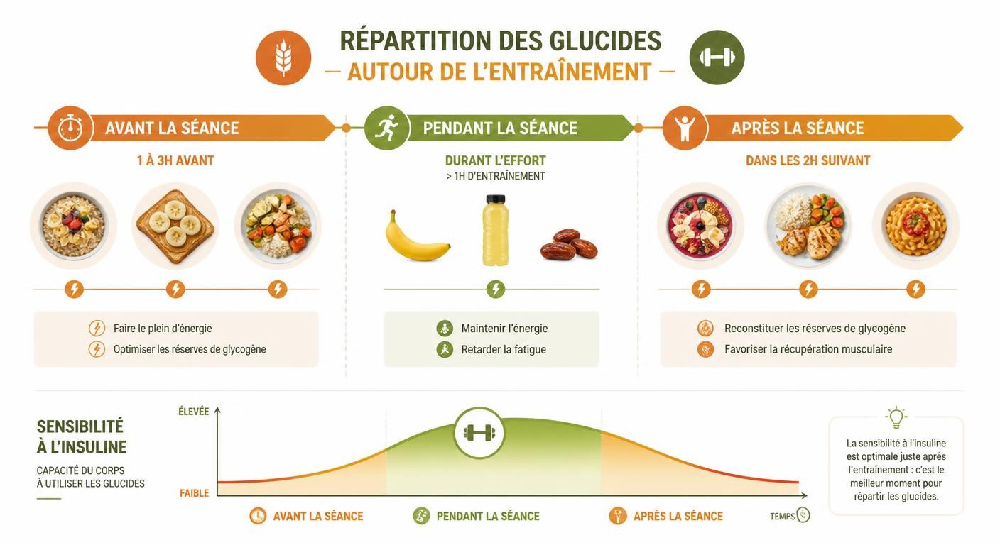 Infographie du timing des glucides et de la réponse de l'insuline autour de l'entraînement