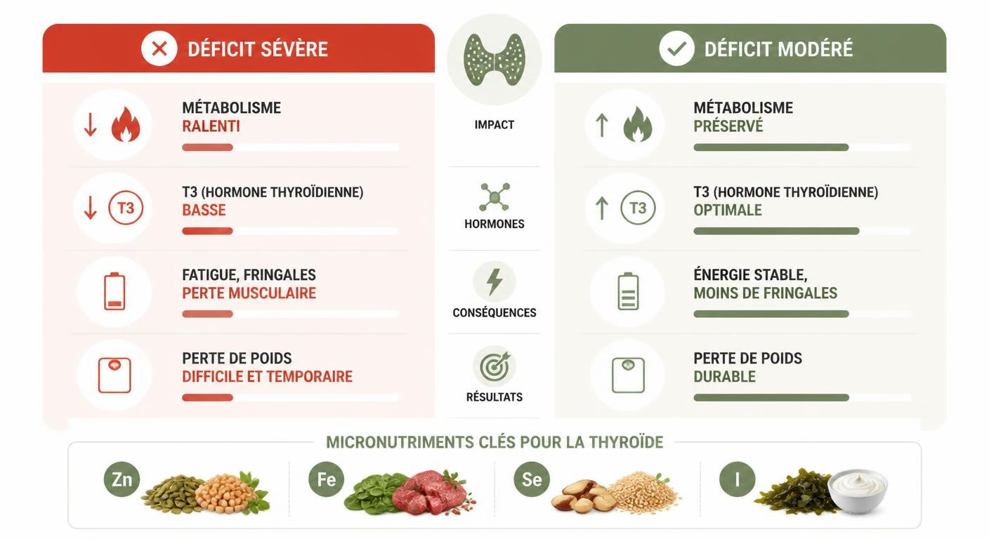 Infographie comparant déficit sévère et déficit modéré sur la thyroïde et le métabolisme du sportif