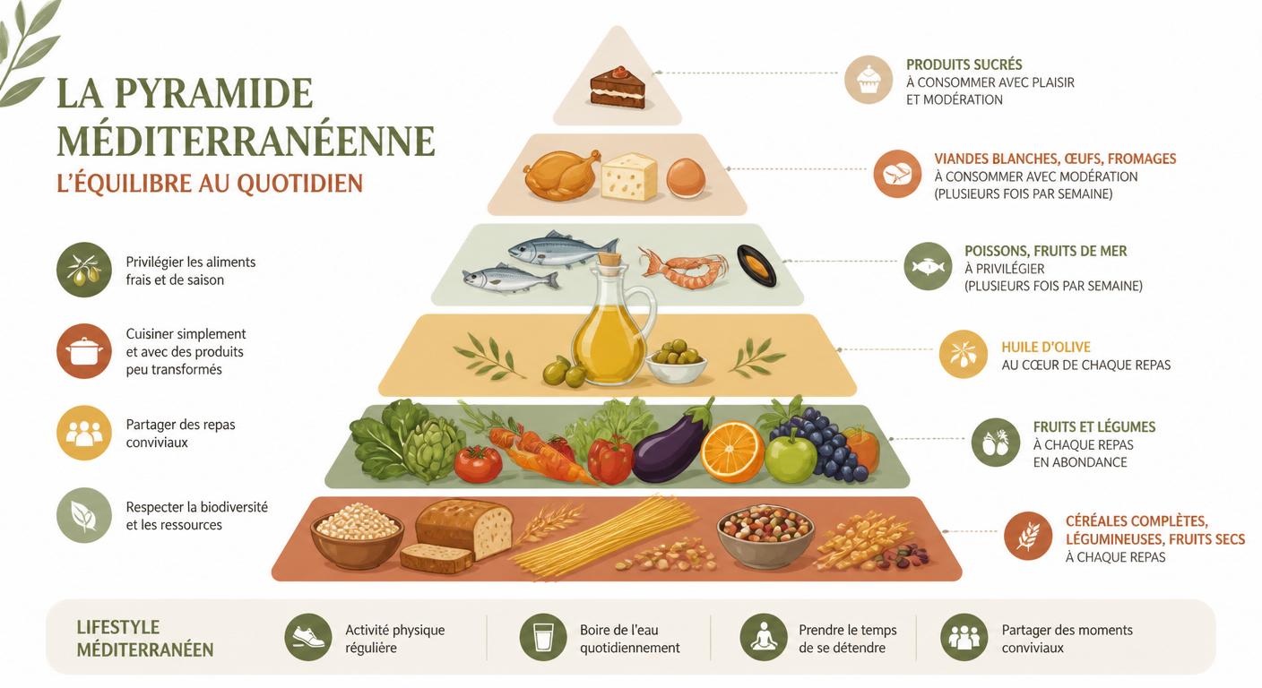 Infographie de la pyramide alimentaire méditerranéenne centrée sur l'huile d'olive