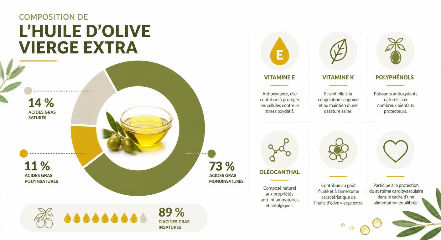 Infographie de la composition nutritionnelle complète de l'huile d'olive vierge extra