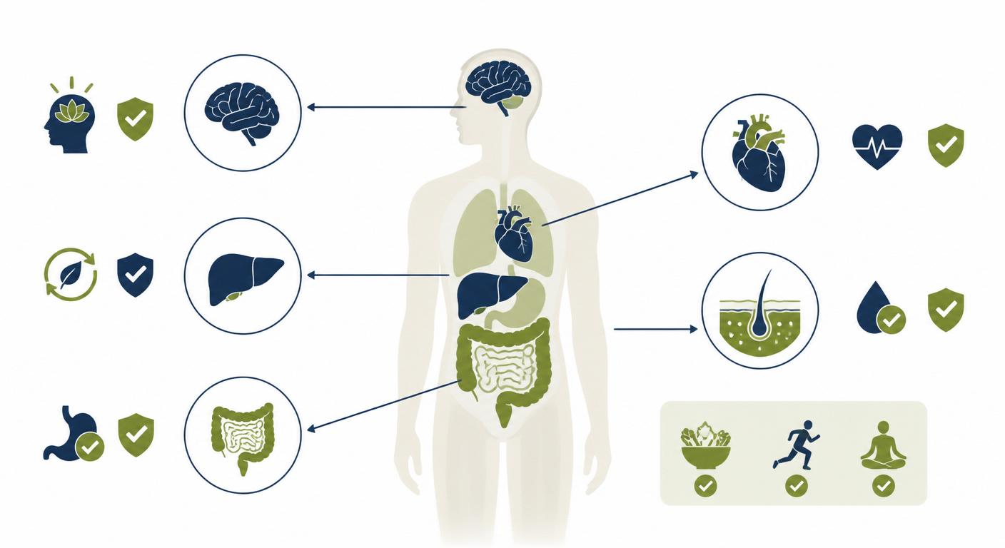 Infographie corps humain illustrant les bienfaits de l'huile d'olive sur les organes