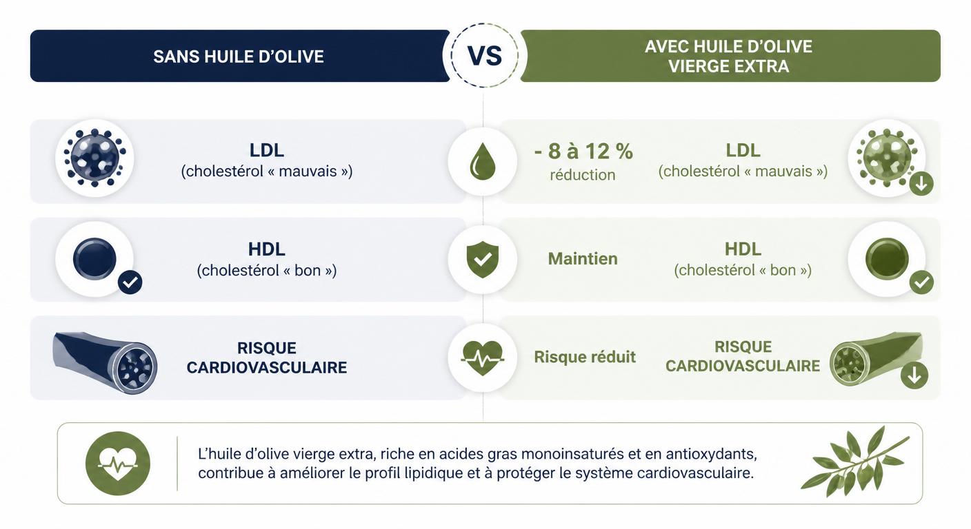 Infographie comparative de l'effet de l'huile d'olive sur le cholestérol LDL et HDL