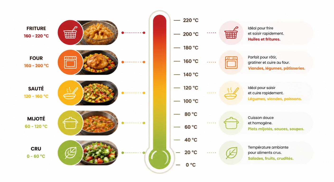 Infographie thermomètre des usages culinaires de l'huile d'olive