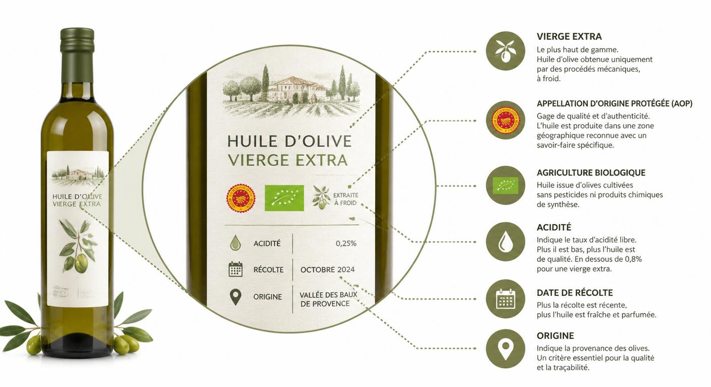 Infographie pédagogique de lecture d'étiquette d'huile d'olive