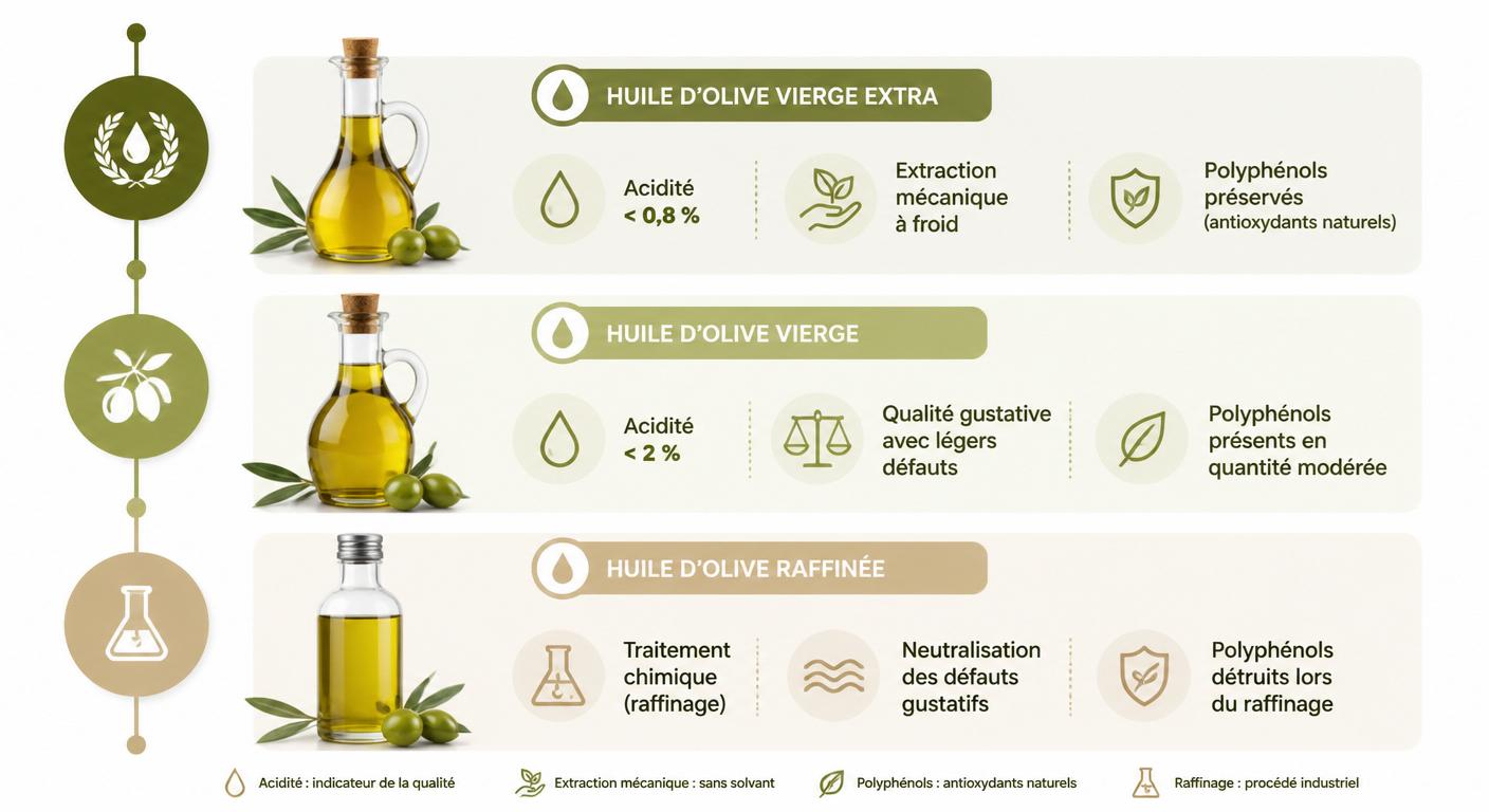 Infographie de la classification officielle des trois catégories d'huile d'olive