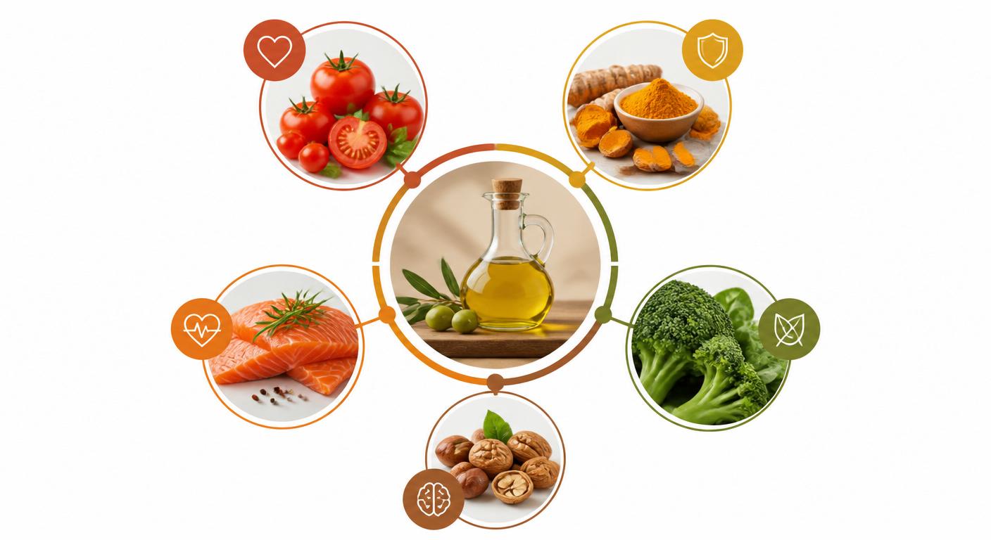 Infographie des synergies alimentaires bénéfiques avec l'huile d'olive