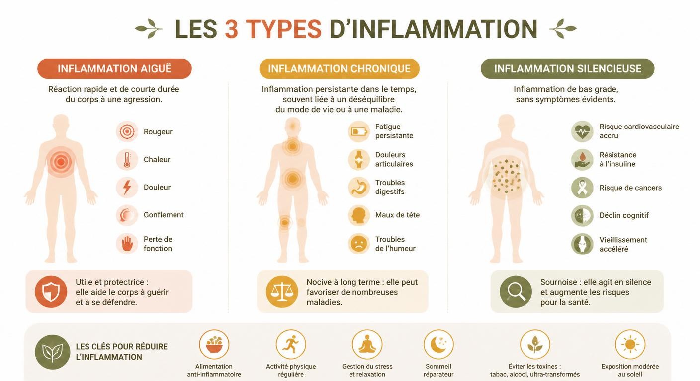 Infographie des trois types d'inflammation : aiguë, chronique et silencieuse