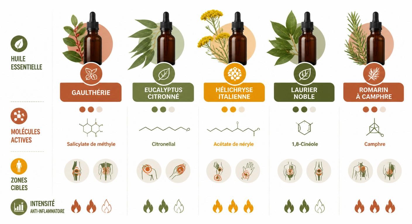 Infographie comparative des huiles essentielles anti-inflammatoires les plus efficaces et de leurs molécules actives