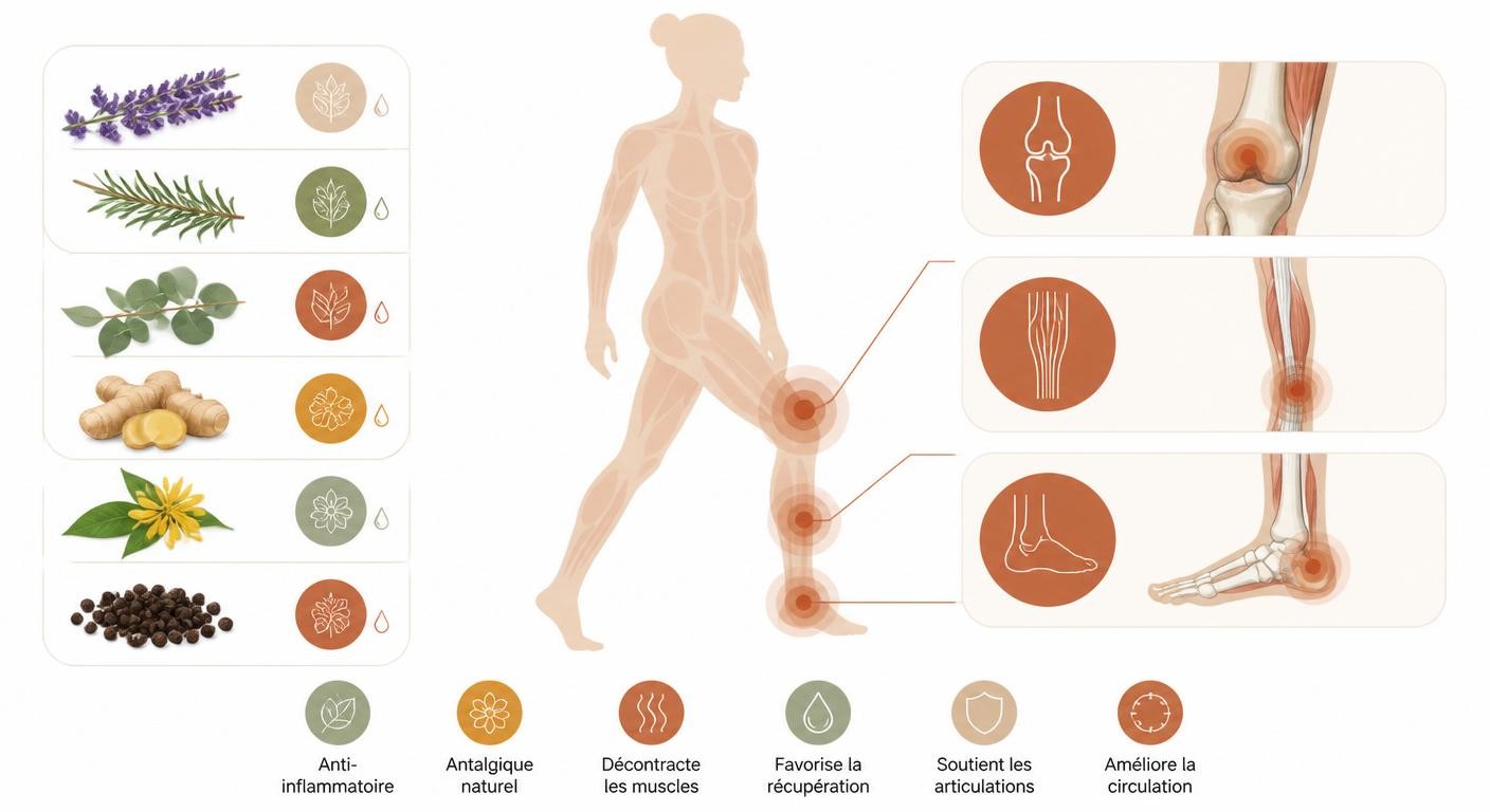 Infographie des huiles essentielles anti-inflammatoires selon les douleurs articulaires et la tendinite