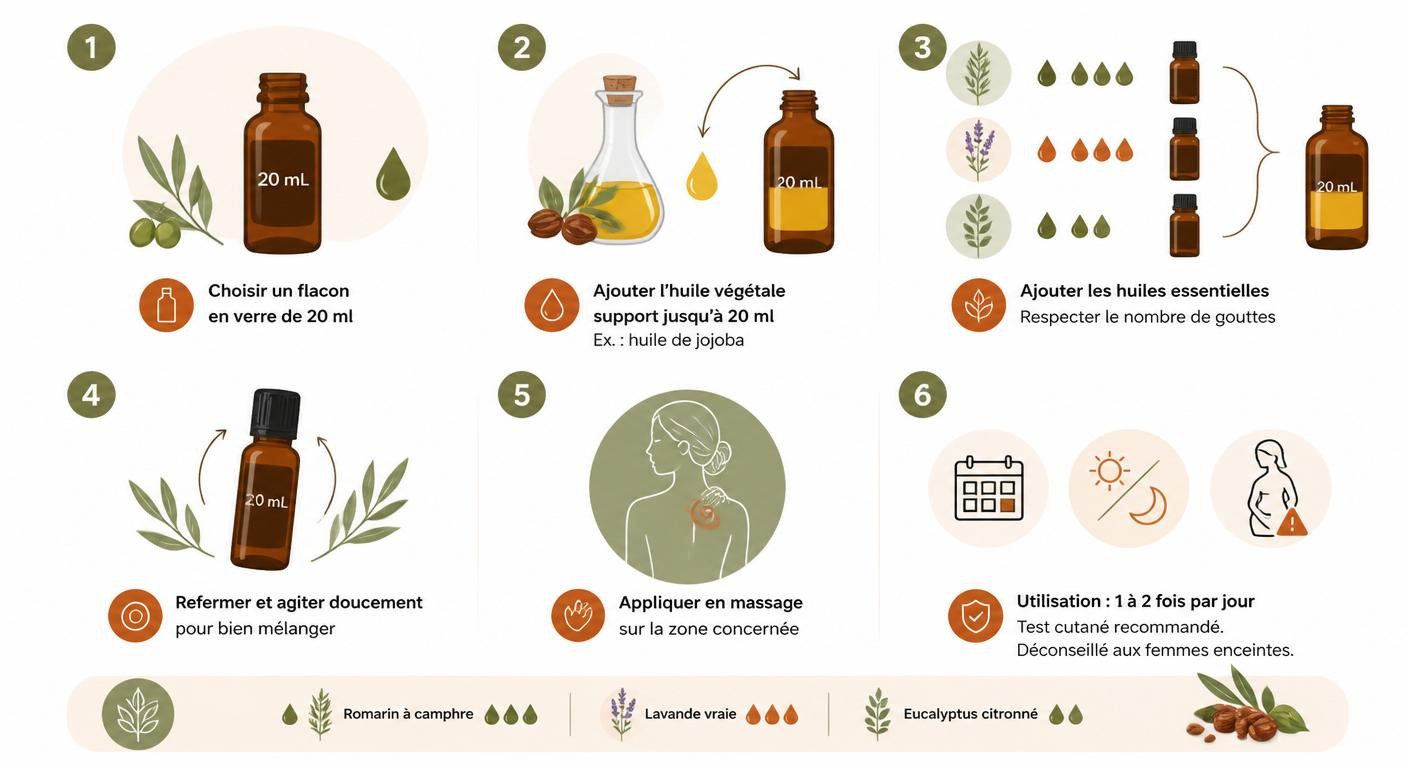 Infographie de préparation d'une synergie d'huiles essentielles anti-inflammatoires en flacon