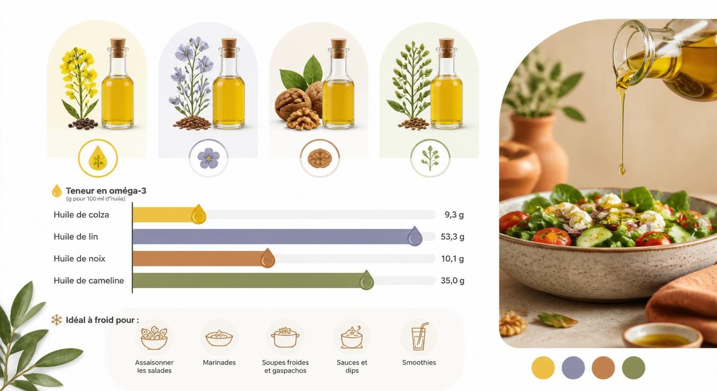 Infographie des huiles végétales riches en oméga-3 anti-inflammatoires et de leurs usages