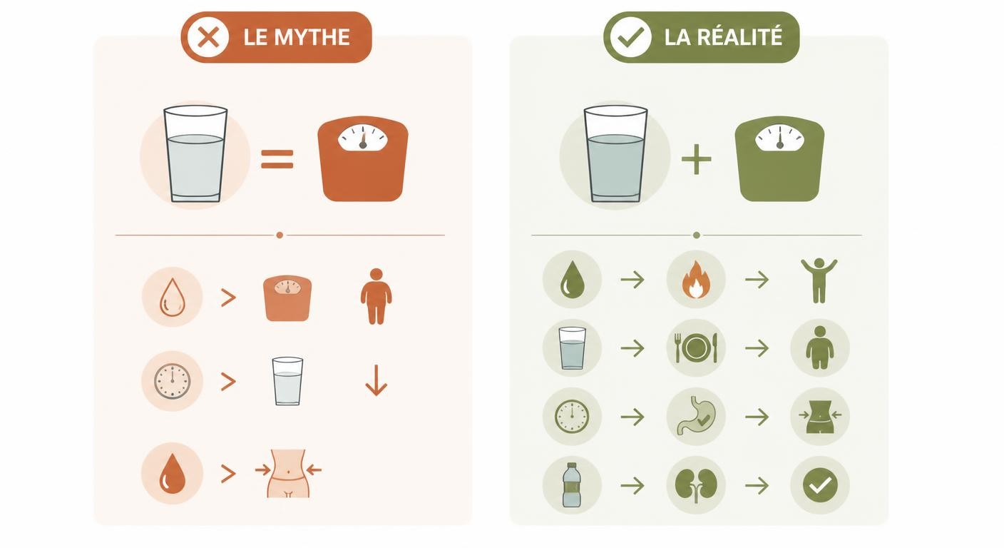 Infographie comparant le mythe et la réalité de l'eau pour maigrir