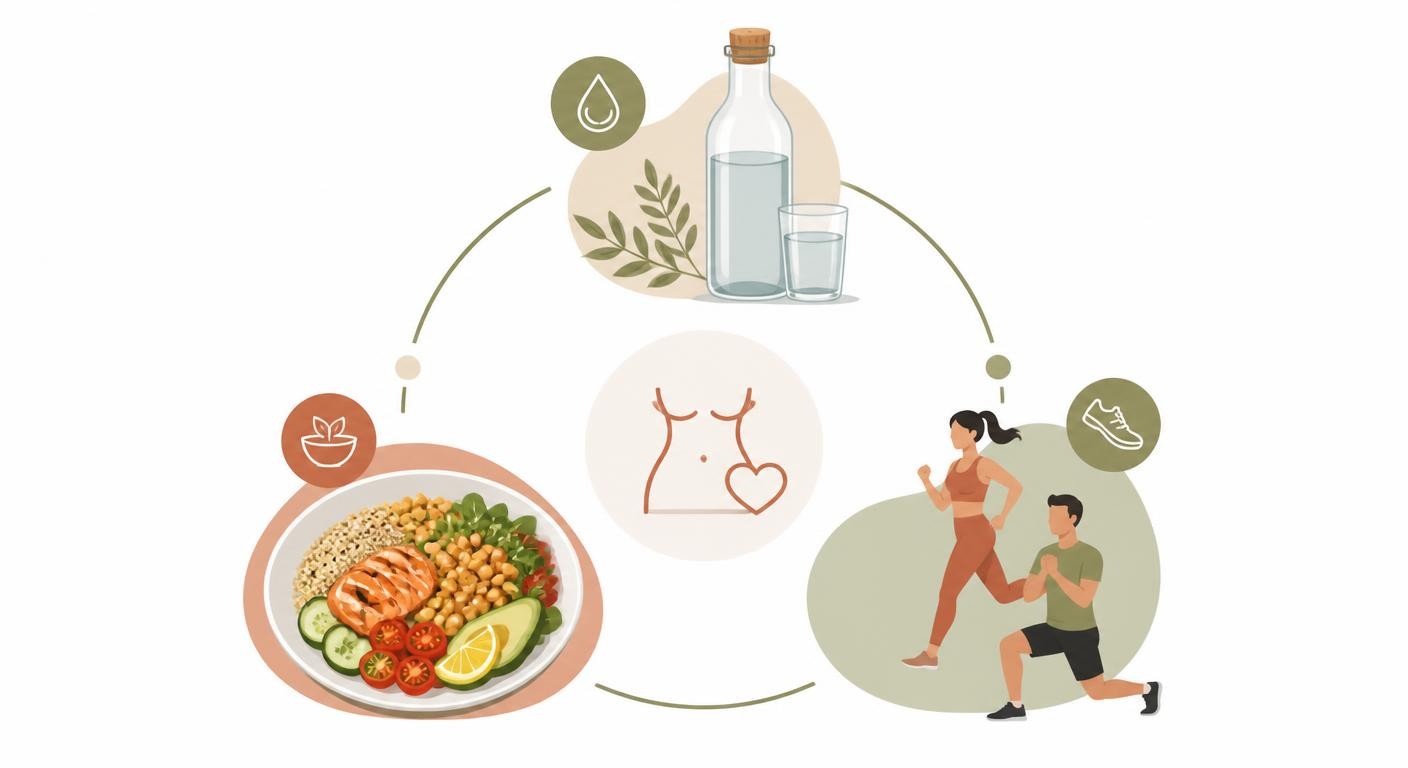 Infographie des trois piliers d'une perte de poids durable : hydratation, alimentation, activité
