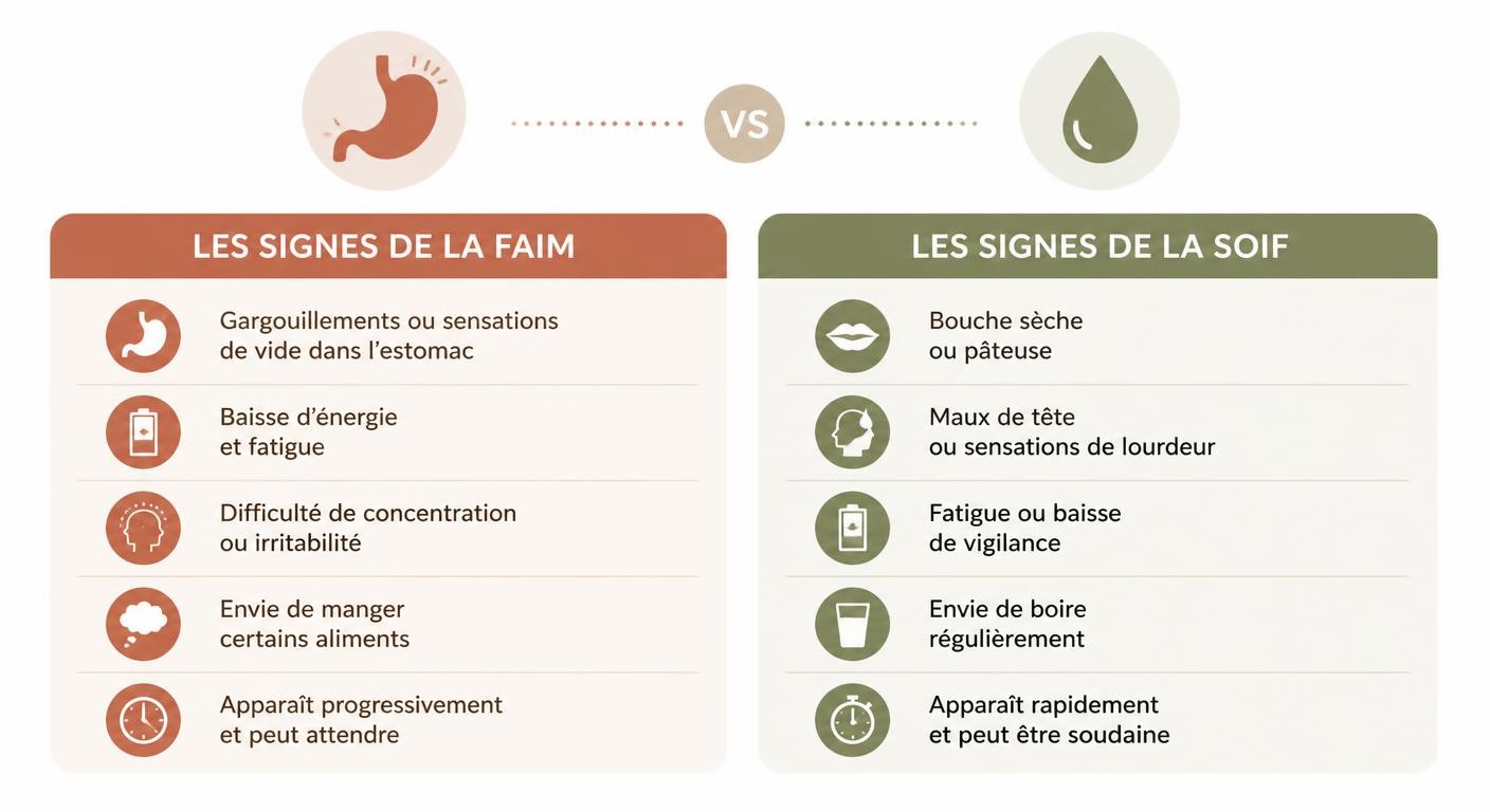 Infographie comparant les signaux de la faim et de la soif