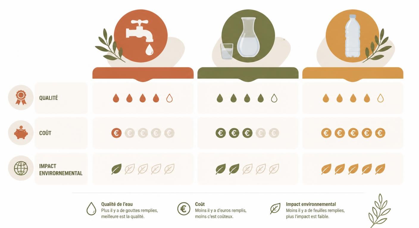 Infographie comparant eau du robinet, eau minérale et eau de source pour l'hydratation