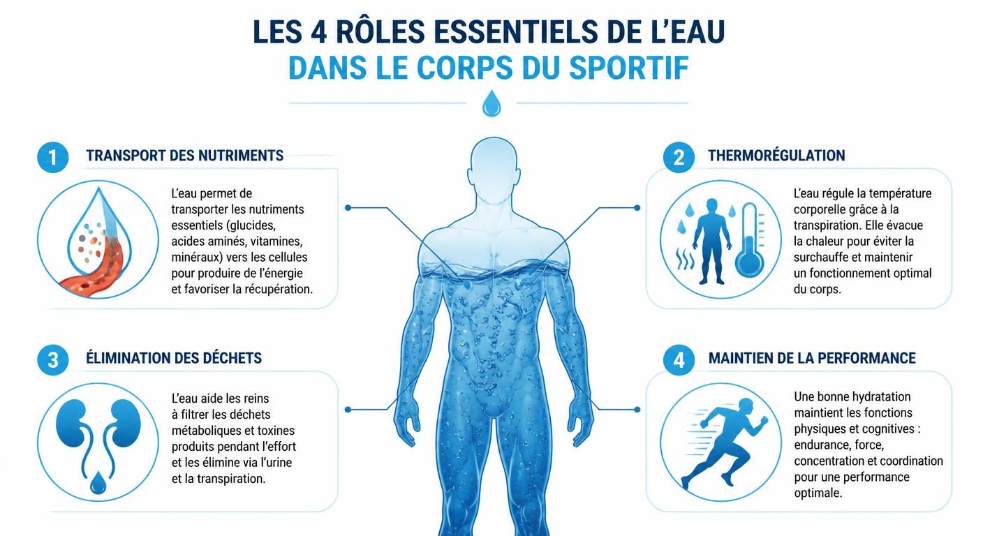 Infographie des quatre rôles de l'eau dans le corps pendant le sport