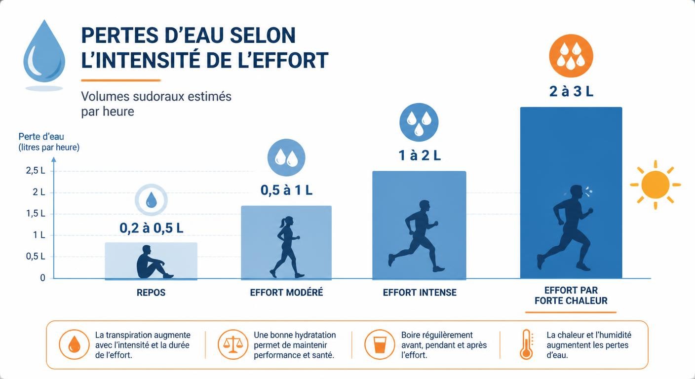 Infographie de l'augmentation des besoins hydriques selon l'intensité de l'effort sportif