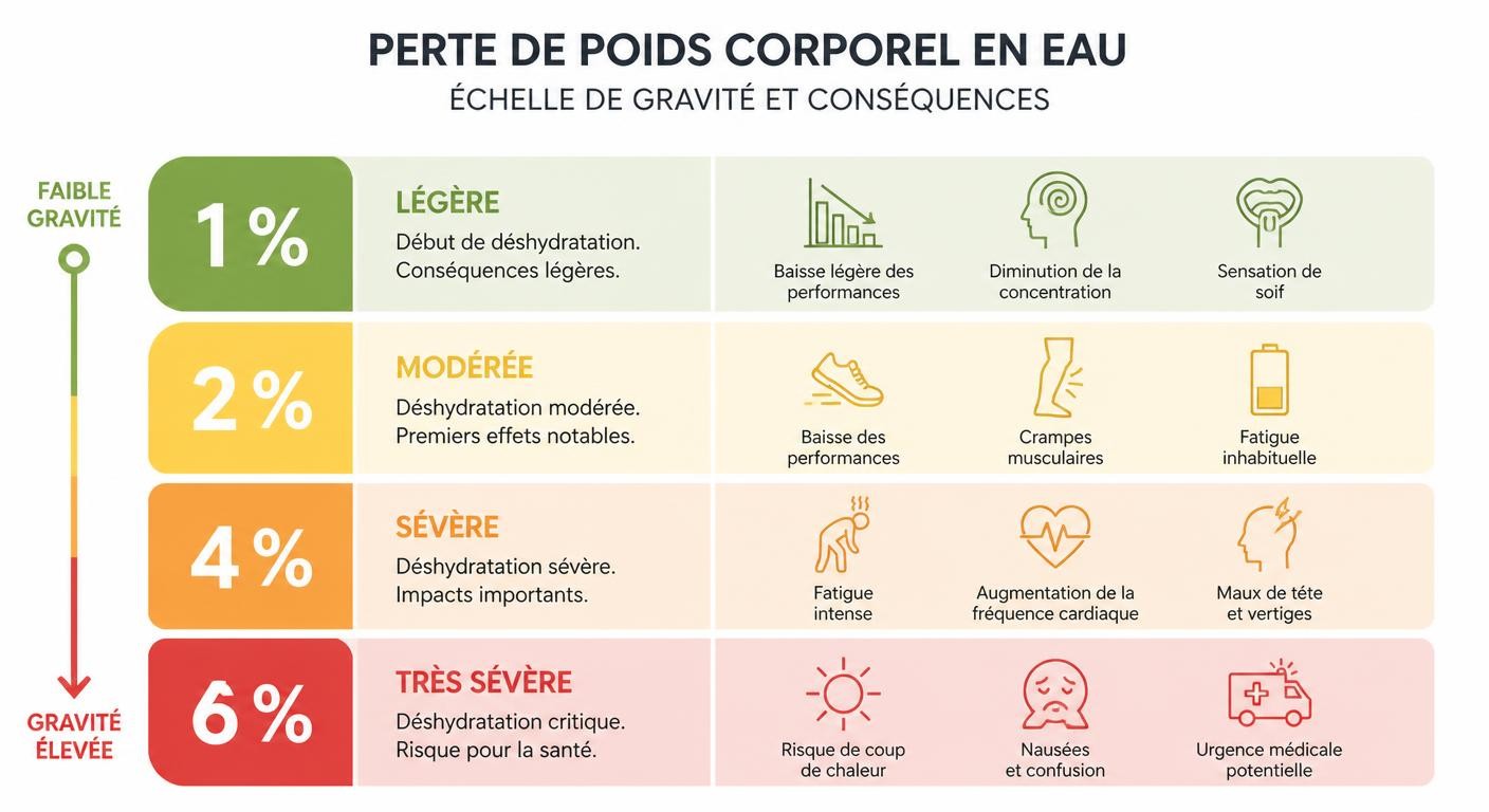 Infographie des paliers de déshydratation et de leurs conséquences sur le sportif