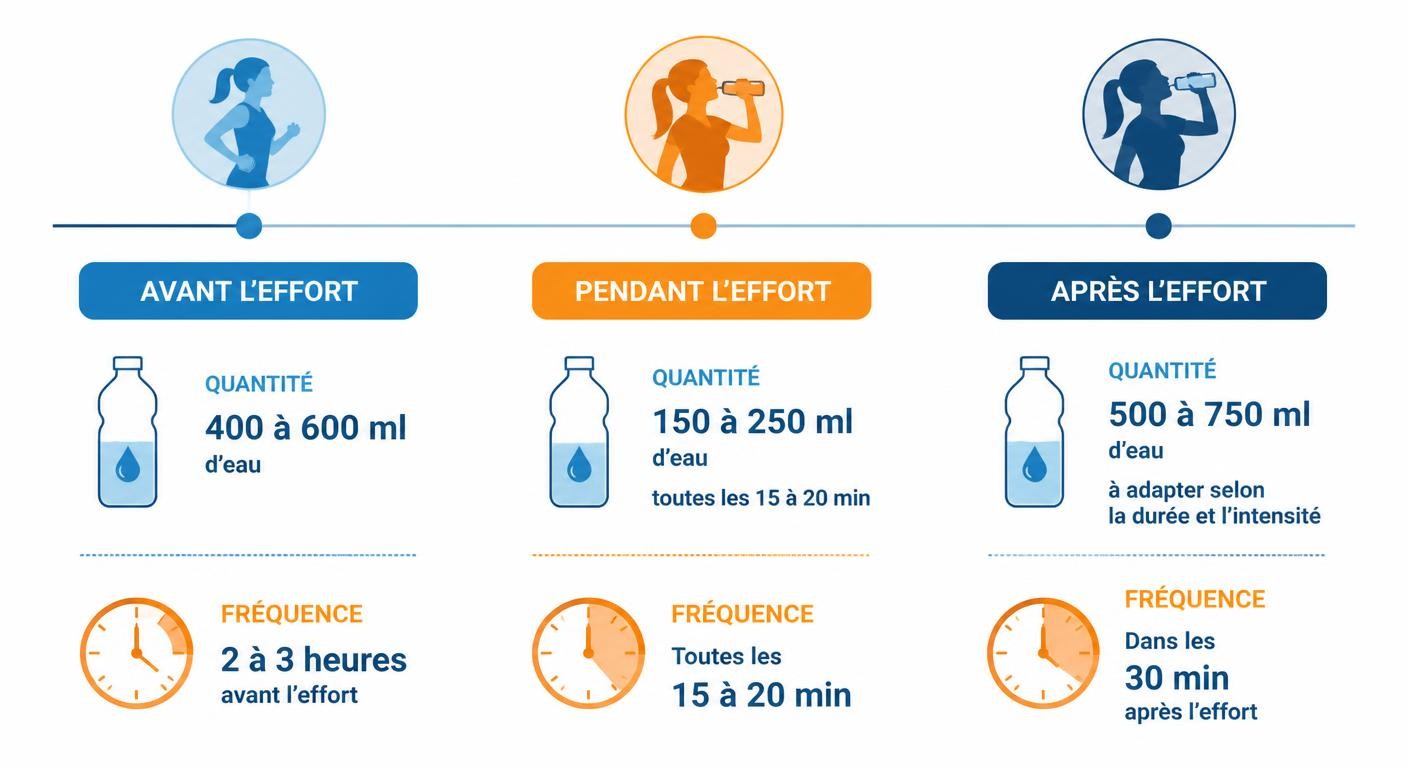 Infographie du plan d'hydratation avant, pendant et après le sport