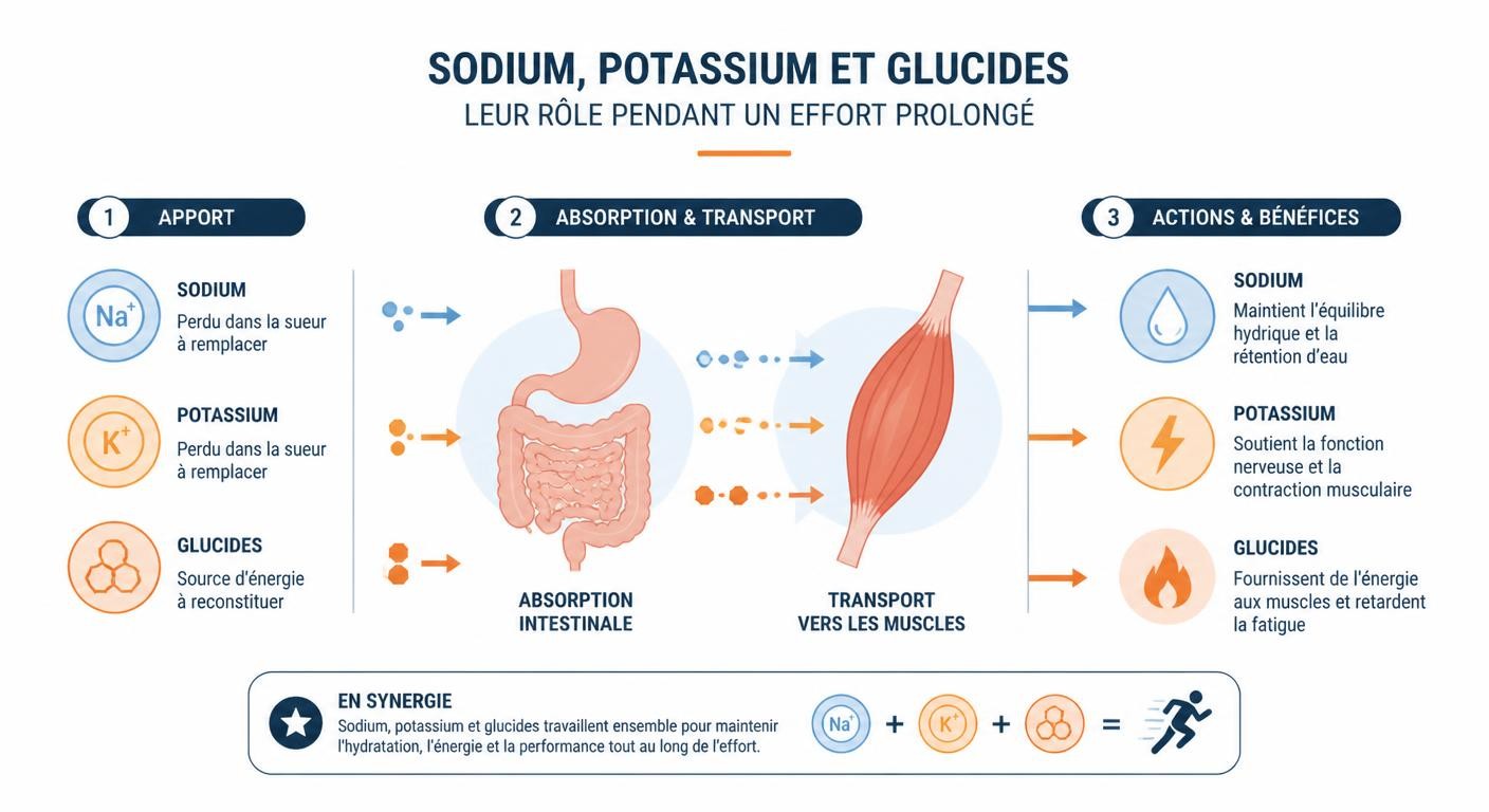 Infographie des rôles des électrolytes et des glucides pendant l'effort sportif prolongé
