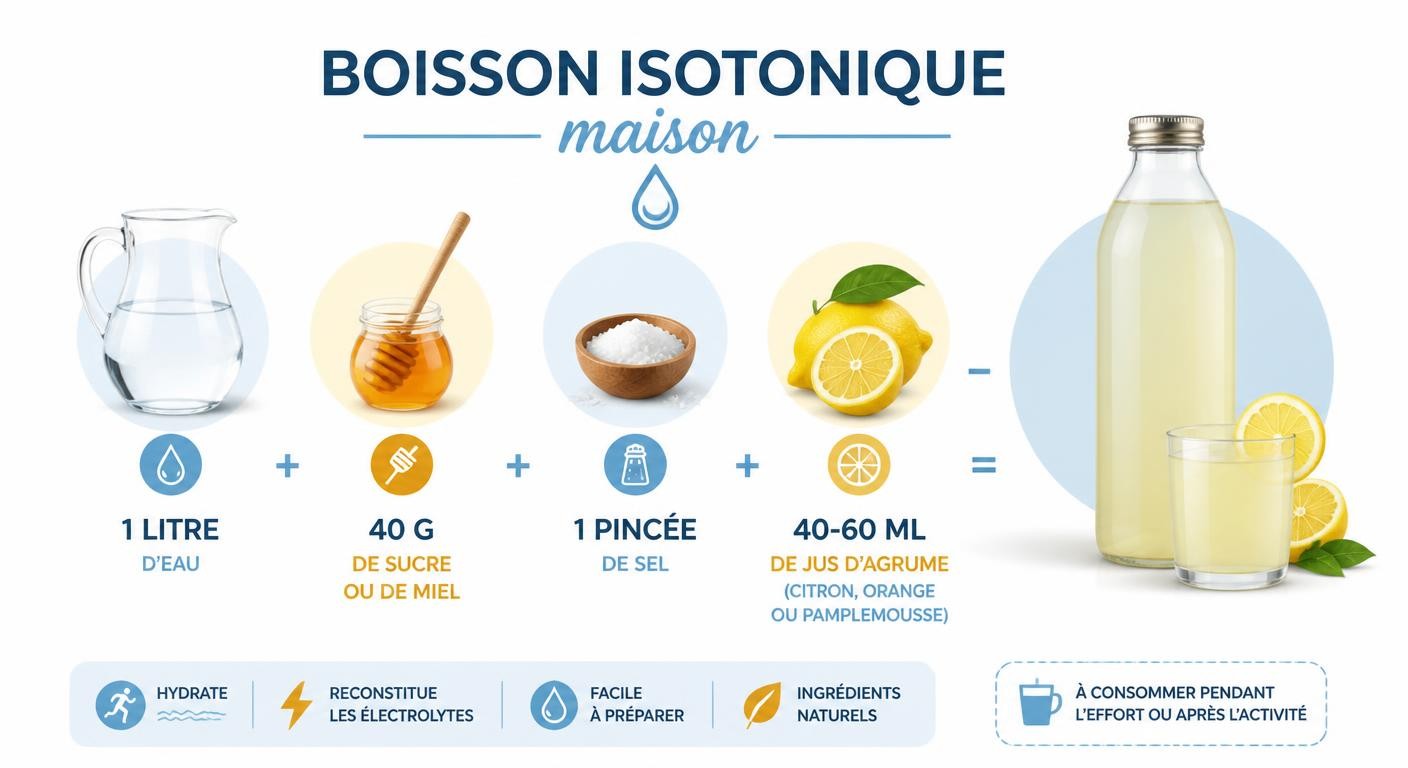 Infographie de la recette de boisson isotonique maison avec dosages