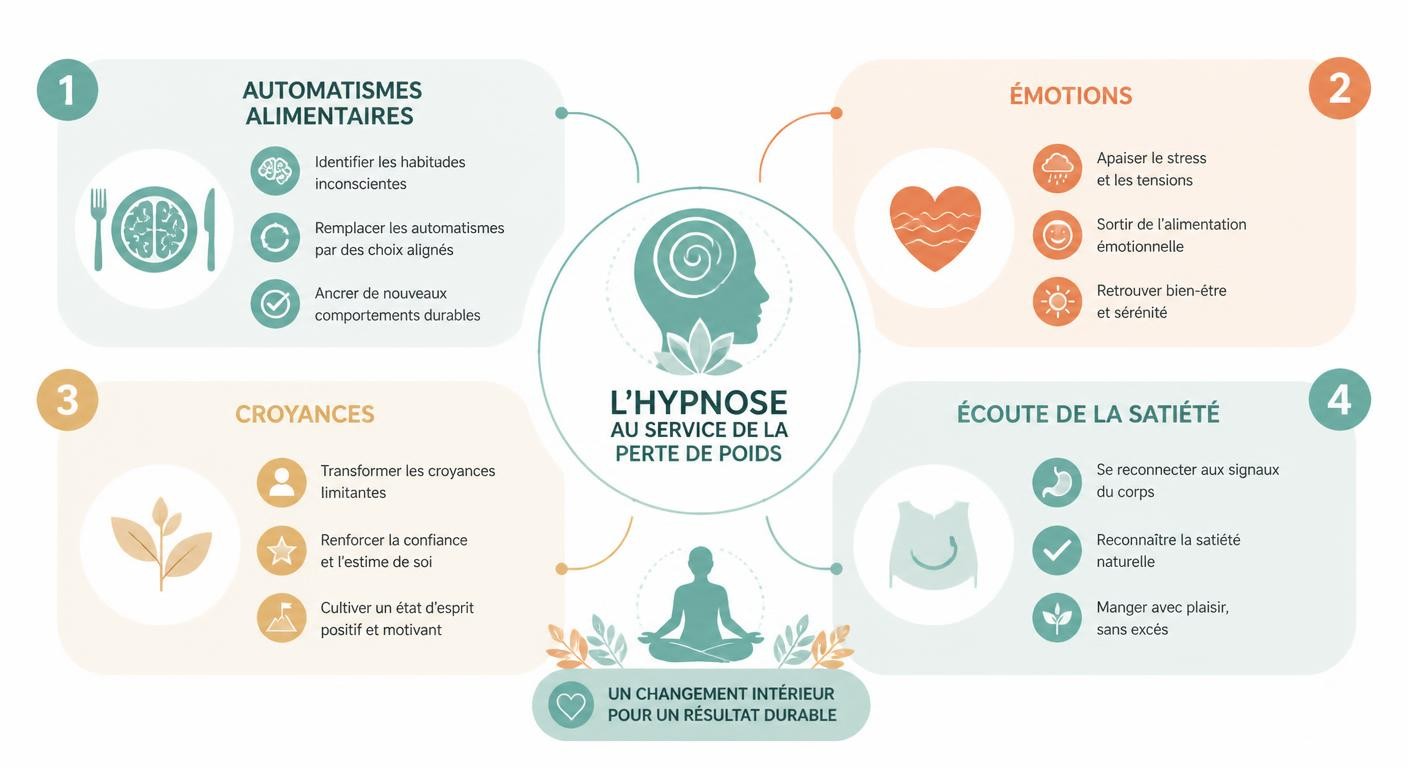 Infographie des leviers de l'hypnose pour la perte de poids