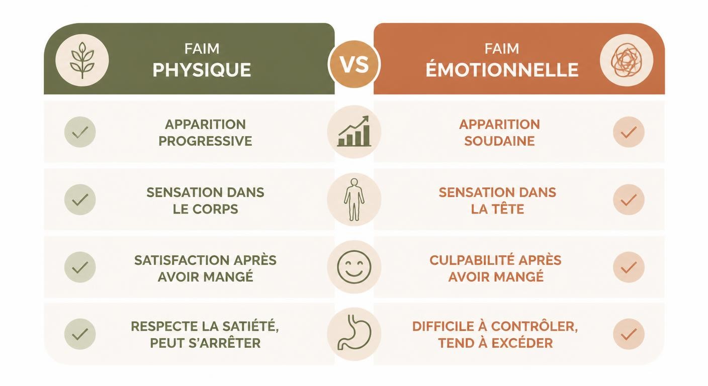 Infographie comparant faim physique et faim émotionnelle