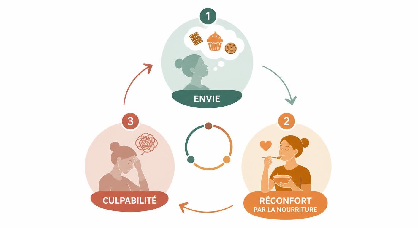 Infographie illustrant le cycle envie, réconfort et culpabilité de l'alimentation émotionnelle