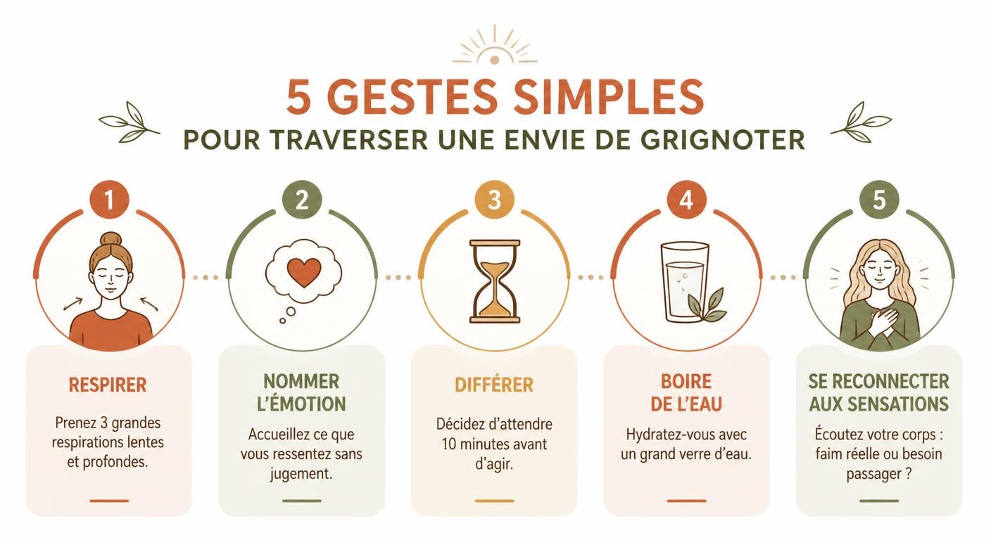 Infographie des cinq gestes pour traverser une envie de grignoter