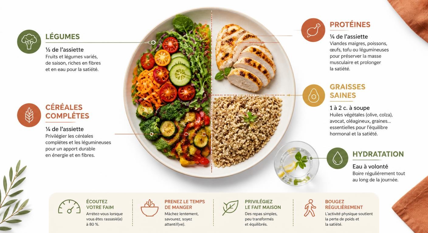 Infographie des repères d'assiette et de l'apport en protéines pour soutenir la satiété