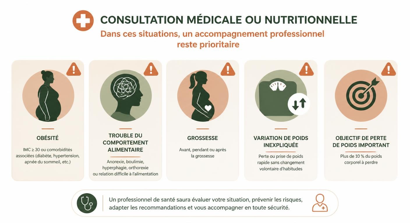 Infographie des situations où un suivi médical ou nutritionnel reste prioritaire