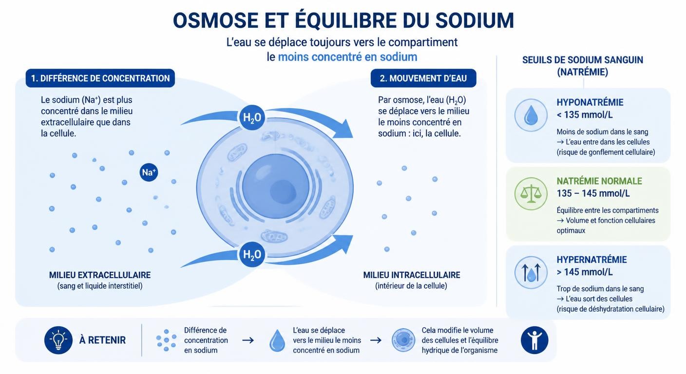 Schéma expliquant le rôle du sodium dans la répartition de l'eau et l'osmose